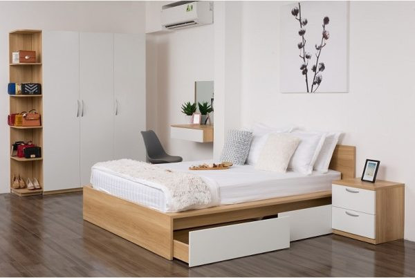 Mẫu giường ngủ đôi gỗ MDF có hộc kéo